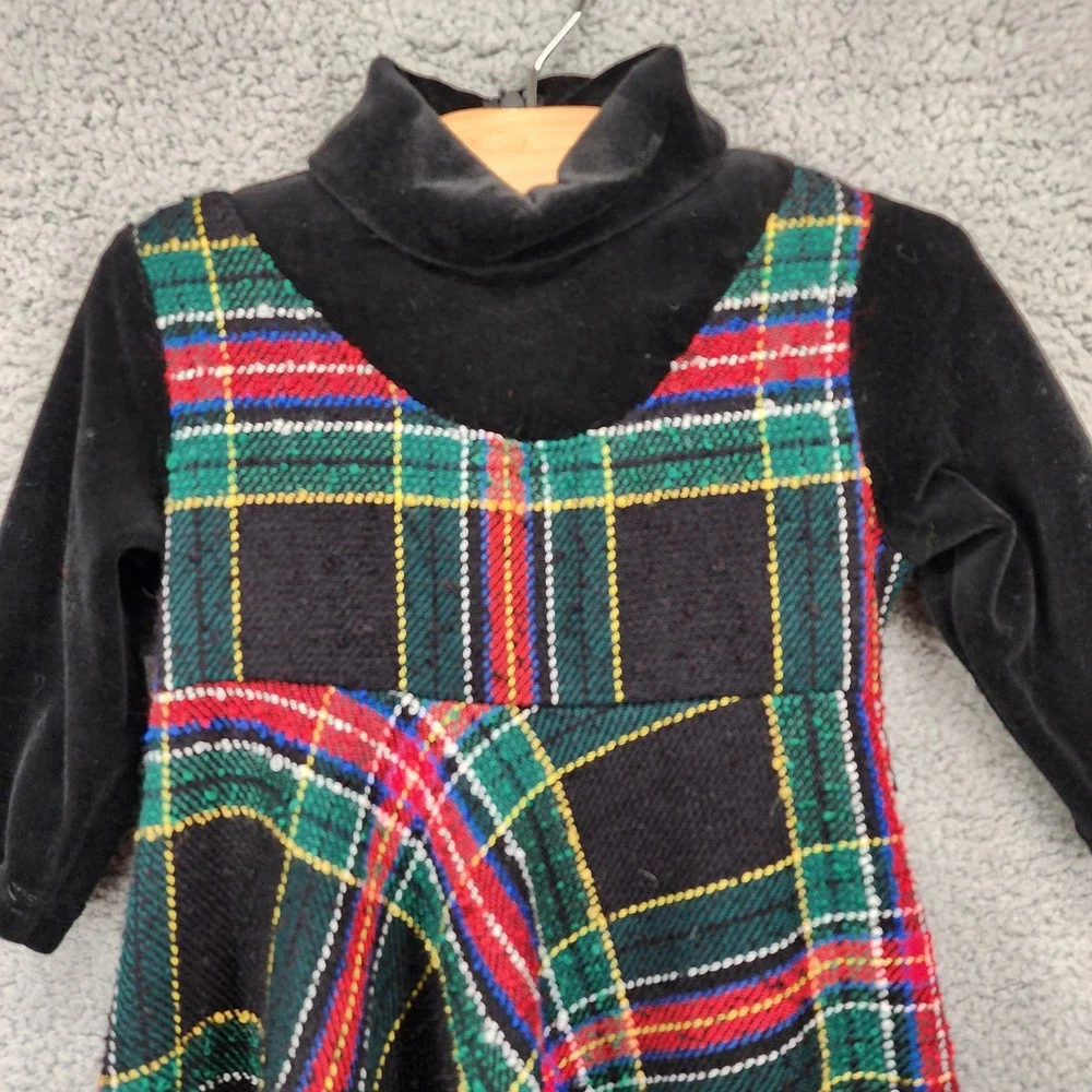 Cozi Kidz Plaid Dress Vintage Girls Size 2 Black‎ Velvet Trim Party Holiday